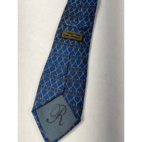 Rivetz of Boston Silk Necktie Blue Gold Chain Link Pattern Hand Made - Picture 3 of 4